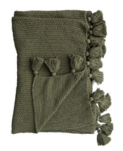 Load image into Gallery viewer, Olive Cotton Knit Throw with Tassels
