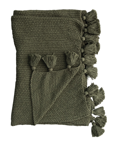 Olive Cotton Knit Throw with Tassels