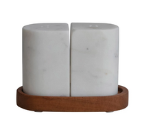 Load image into Gallery viewer, Marble Salt &amp; Pepper Shakers with Acacia Wood Tray
