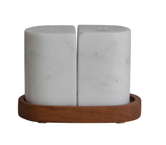 Marble Salt & Pepper Shakers with Acacia Wood Tray