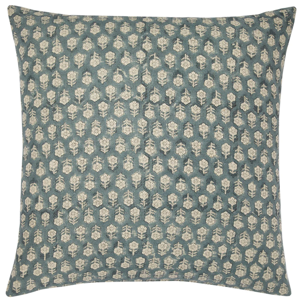 Teal Floral Hand Blocked Pillow